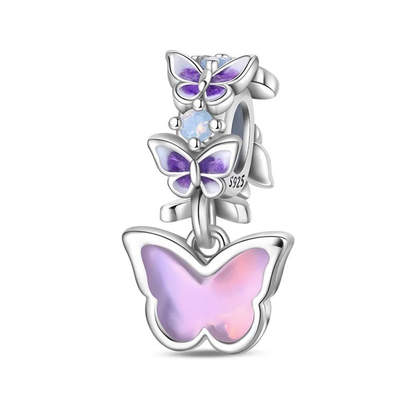 S925 Silber Überzogene Romantische Rosa Lila Schmetterling Anhänger Charms Perlen Fit Original Armband Feine DIY Geburtstag Schmuck