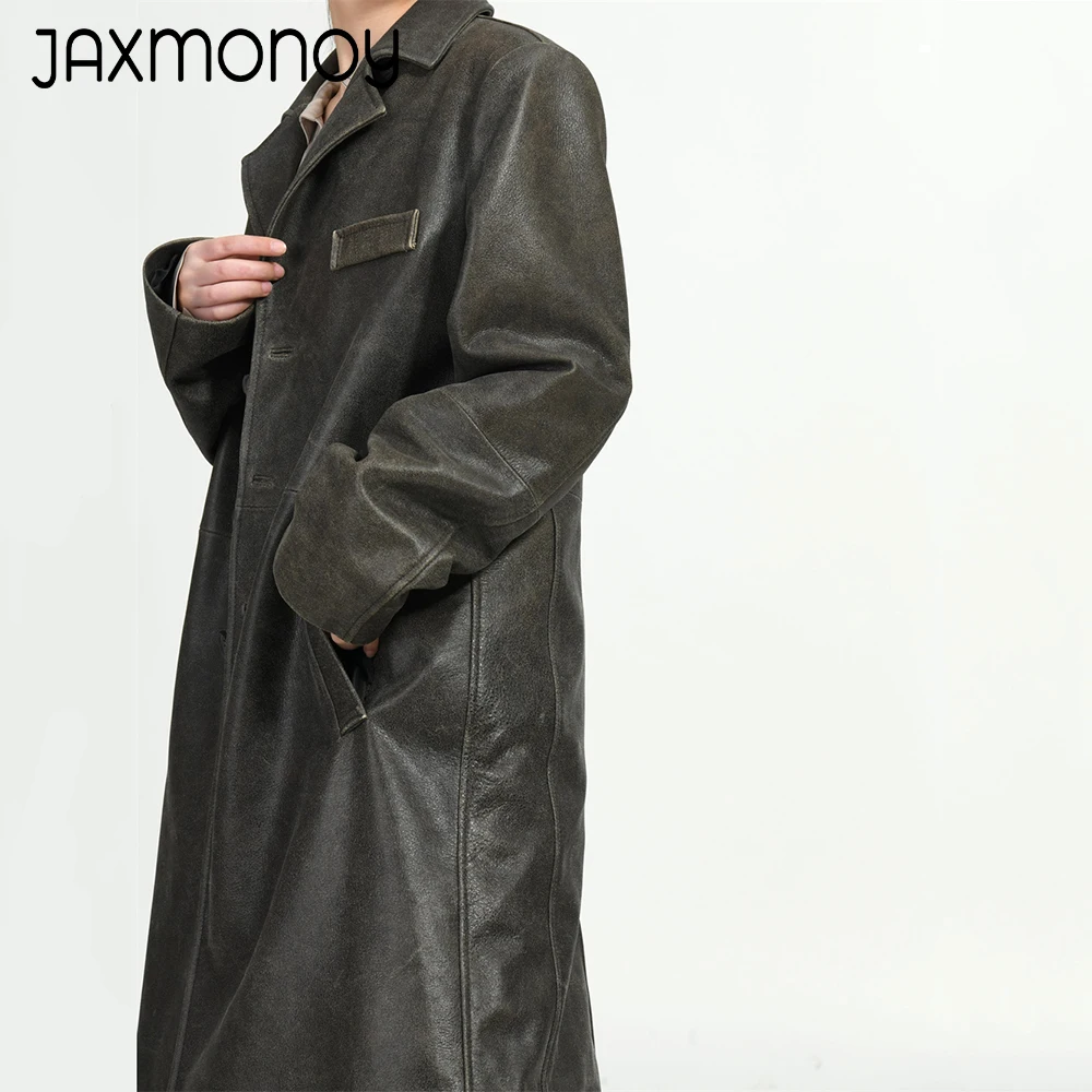 Jaxmonoy-casaco de pele de carneiro feminino, trench coats de couro verdadeiro para senhoras, jaqueta longa de couro genuíno, nova chegada, primavera e outono 2024