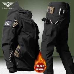 Militär Soft shell Sets Männer wasserdichte Kapuze taktische Jacken Multi-Pocket Cargo hose 2 Stück Anzüge Winter Fleece warm Armee Set