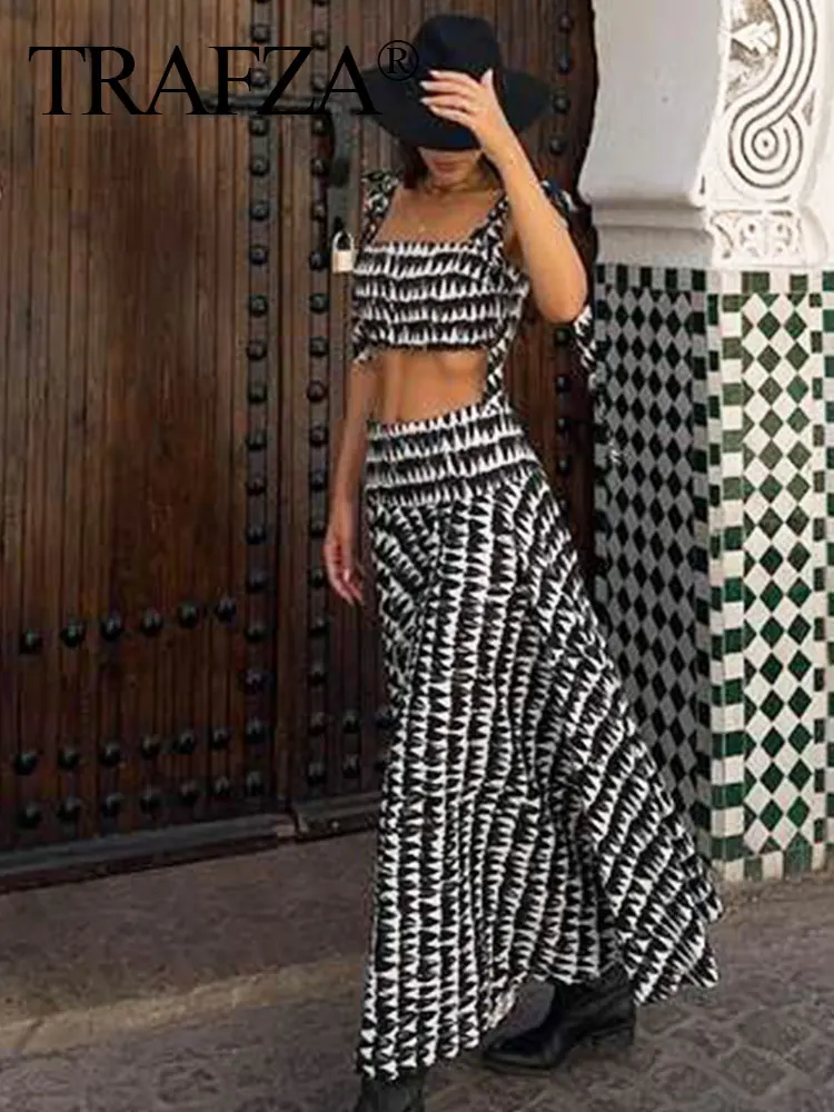 TRAFZA Women Fashion Geometric Print Skirt Zipper Fly High Waist Slim Midi Skirts Vintage Y2k 2024 Women Casual Streetwear TRAF