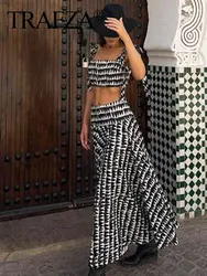 TRAFZA Women Fashion Geometric Print Skirt Zipper Fly High Waist Slim Midi Skirts Vintage Y2k 2024 Women Casual Streetwear TRAF