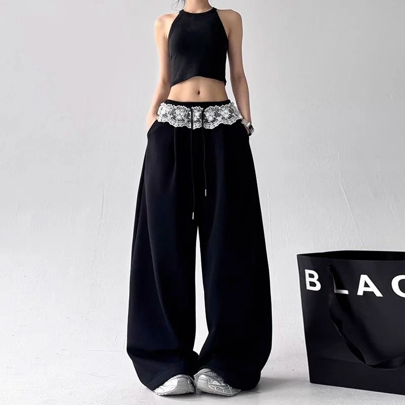 Wide-leg Pants for Women New Solid Color Loose Lace Drawstring Casual Drooping Sports