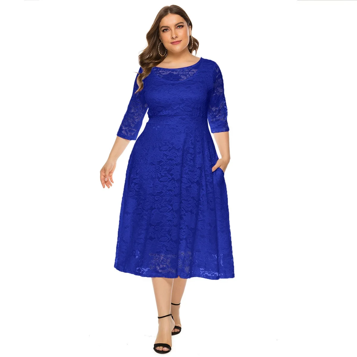 Plus Size Women\'s Dresses Autumn New Arrivals Lace Round Neck Three-quarter Sleeve Dress Fashion Casual Commuter Plus Size Dress