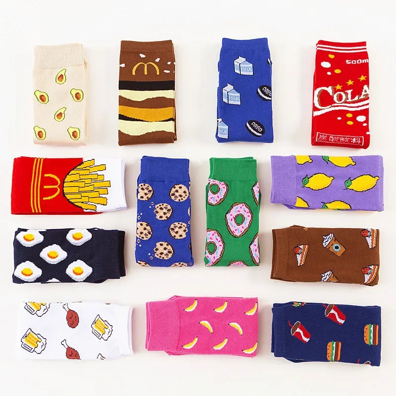 Colorful Women's Socks Fries Coke Fruits Banana Avocado Lemon Egg Cookie Donuts Food Happy Color Sox Harajuku Socks Men