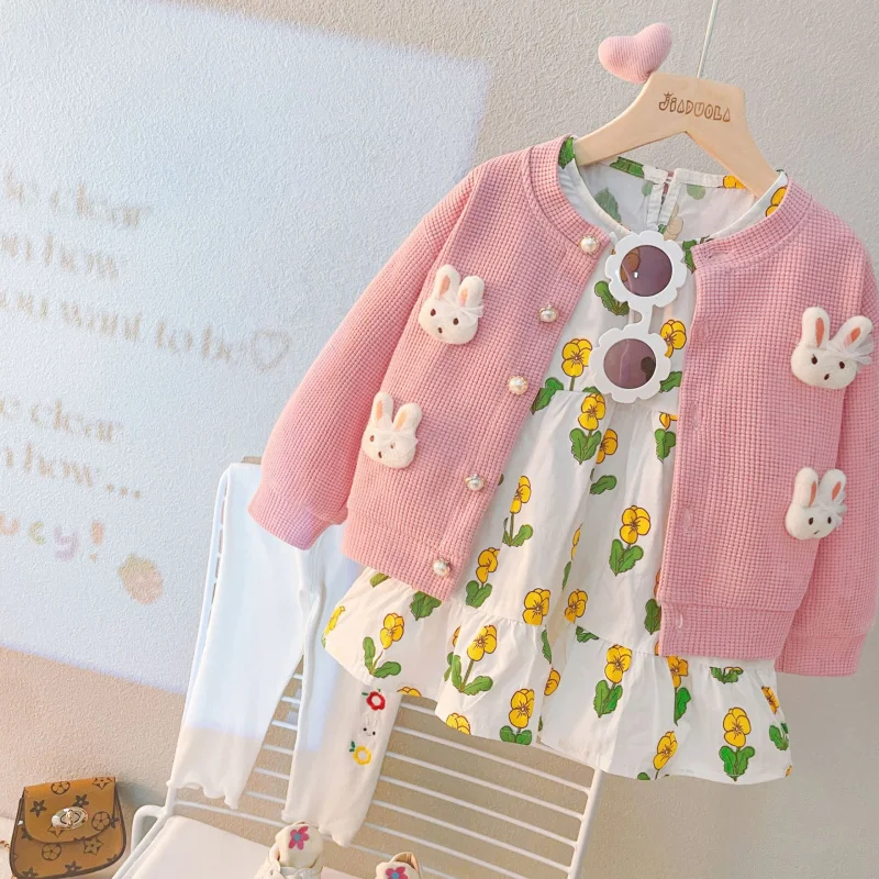 

Autumn Outfit for Girls, Toddler Three-Piece Set, Stylish Baby Autumn New Cardigan Dress Set2036