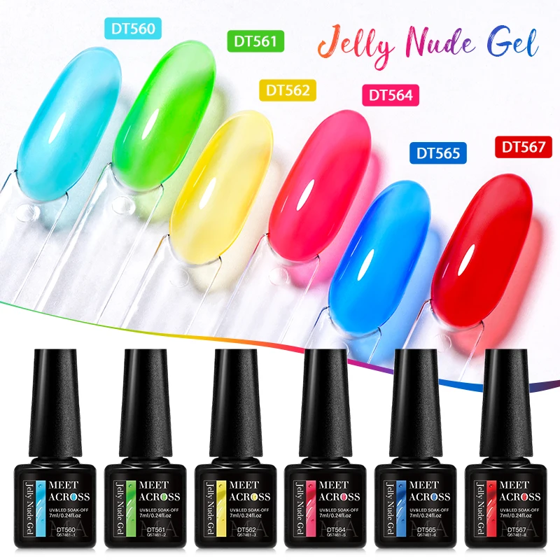 MEET ACROSS 7ml Jelly Glass Gel Nail Polish Sea Blue Transparent Neon Nail Art UV Gel LED Varnish Spring Summer Manicure