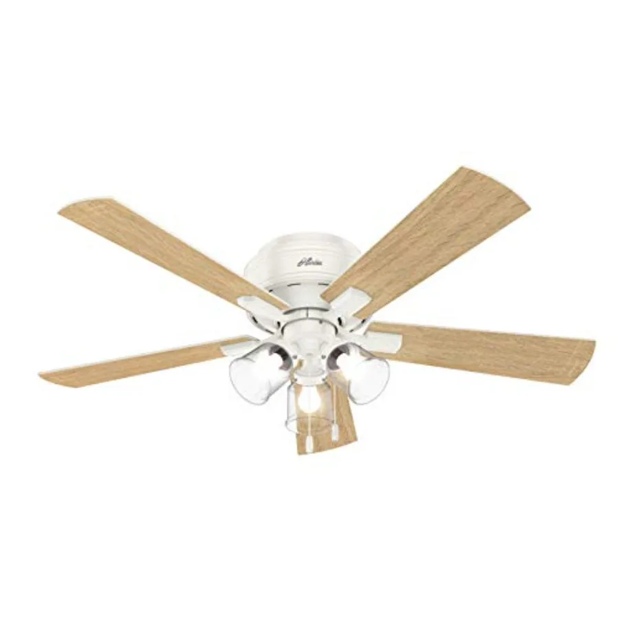 52 inch Indoor Ceiling Fan with LED Lights and Pull Chain - Low Profile Flush Mount Fresh White Ceiling Fan, 5 Blades, For Bedr