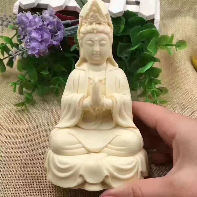 Ivory Nut Carved Sitting Meditation Guanyin Figurine Creative Craft Ornament Car Home Desktop Decor