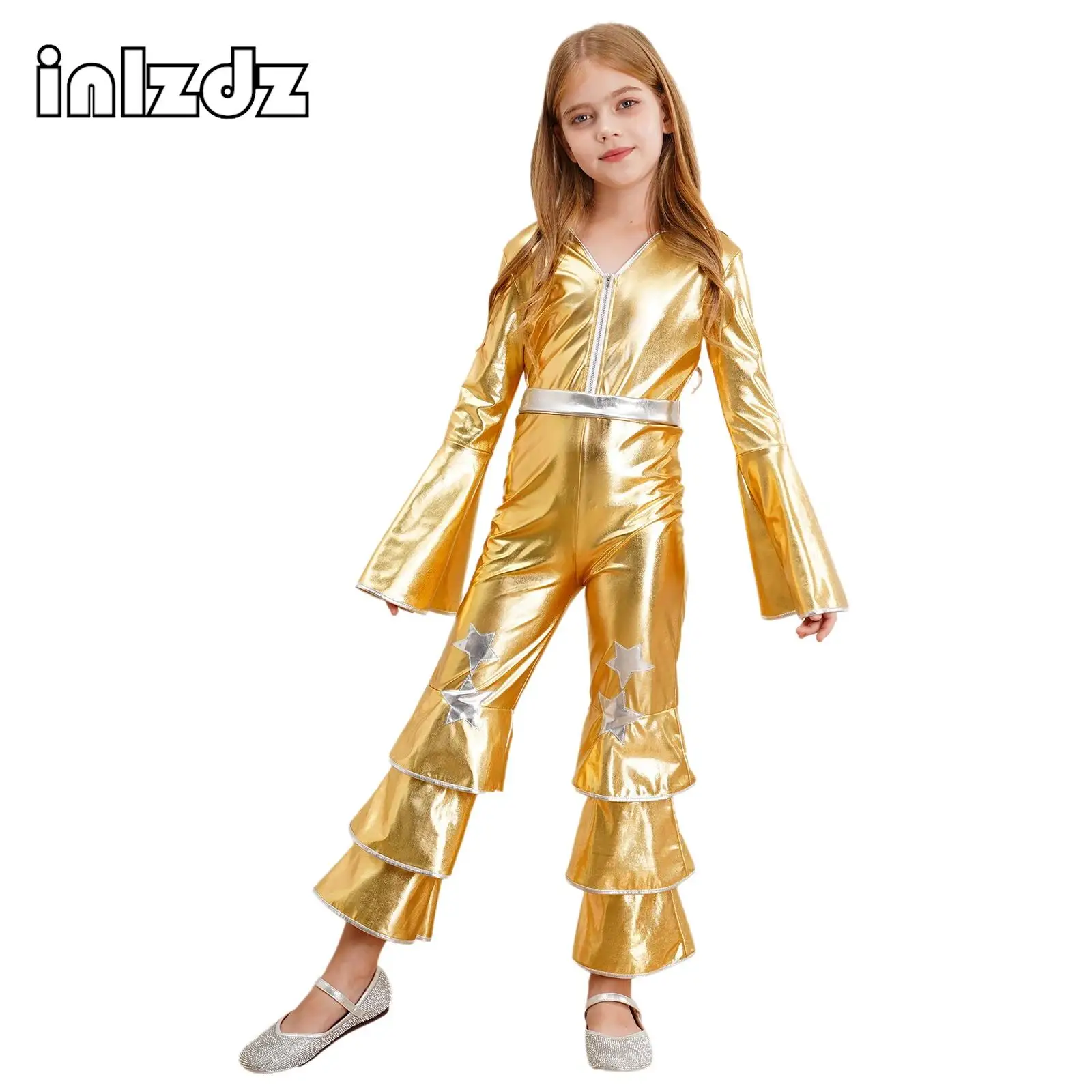 

Kids Girls Metallic Flare Sleeve Ruffle Bell Bottom Jumpsuit 60s 70s Hippie Disco Costume Jazz Dance Performance Full Bodysuit