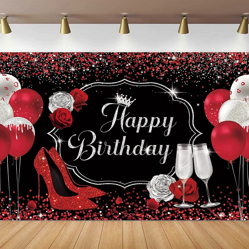 Red High Heels Happy Birthday Photography Backdrop Women Black Silver Champagne Balloon Sequin Glass Red Rose Background Banner