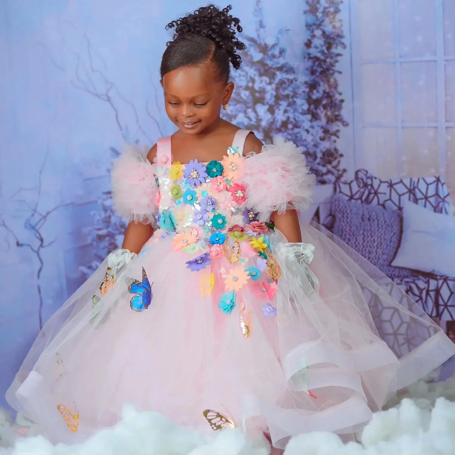 

Colorful Floral Kids Birthday Party Dresses Customized Appliqued Flower Girl Dresses for Wedding Baby Girls Photoshoot Gowns