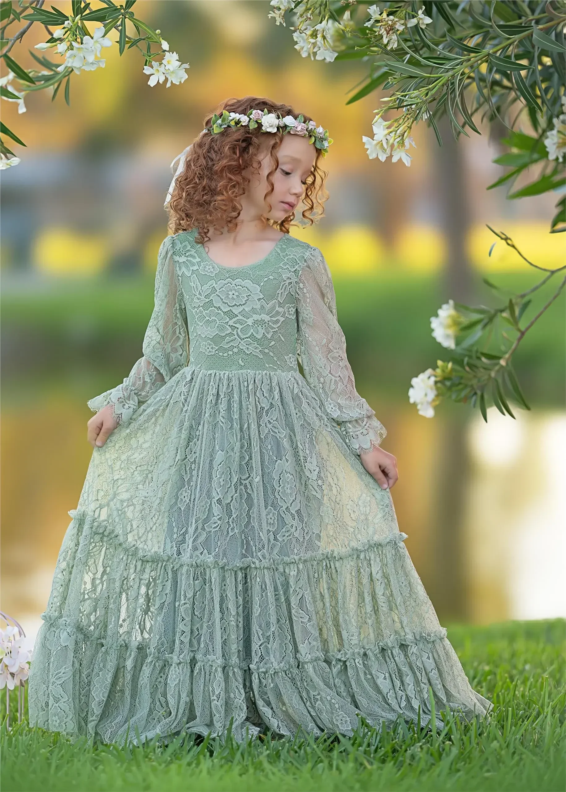 Vestidos de niña de flores verdes personalizados, vestido de desfile para boda, Apliques de encaje, largo hasta el suelo, fiesta de cumpleaños, vestidos de primera comunión