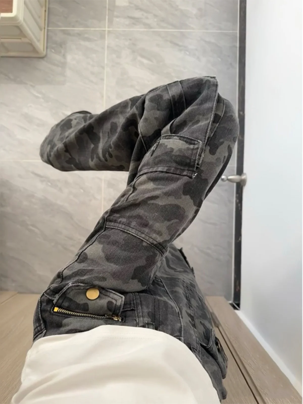American High Street Camouflage Work Pants Men's Large Pocket Logging Straight Leg Jeans CleanFit Flared Denim Casual Trousers