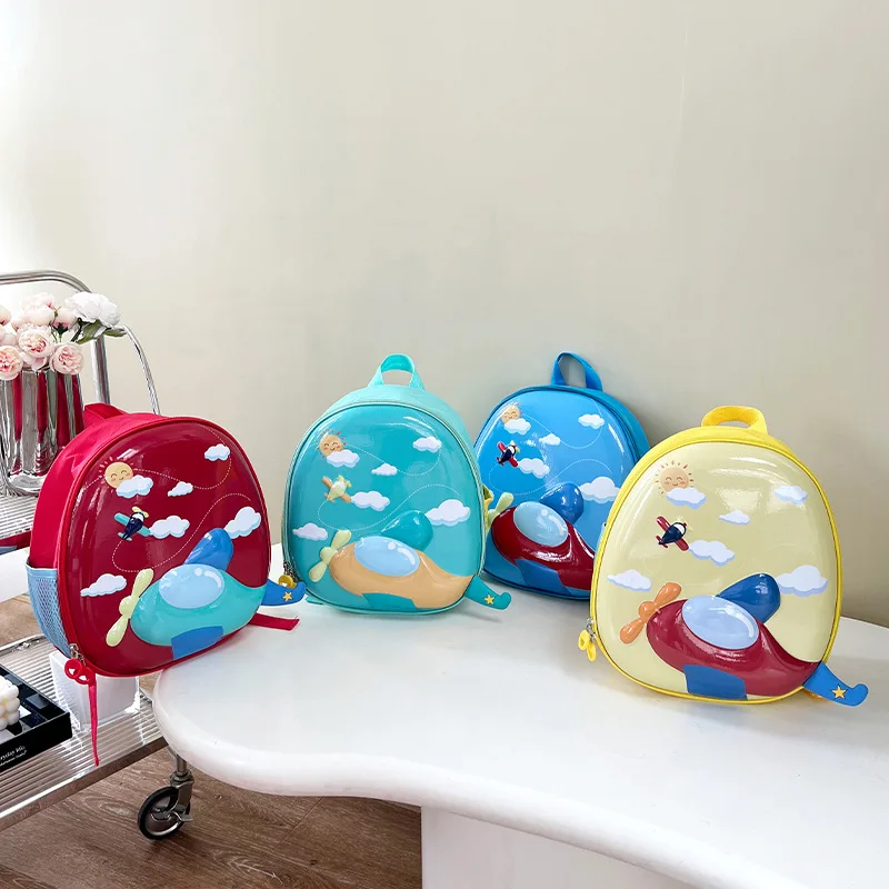 Tas Ransel Desain Pesawat Kartun Lucu & Kulit Telur untuk Anak Laki-laki Balita dengan Tali Nyaman untuk Kembali ke Sekolah.