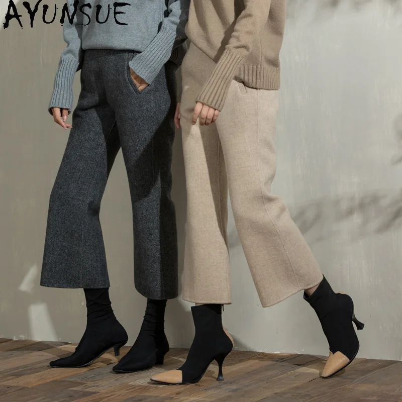 AYUNSUE سراويل صوف 2025 وصلت حديثًا سراويل شتوية للخريف سراويل نسائية عالية الخصر سراويل متوهجة للنساء جودة عالية Frauenavadiji #1