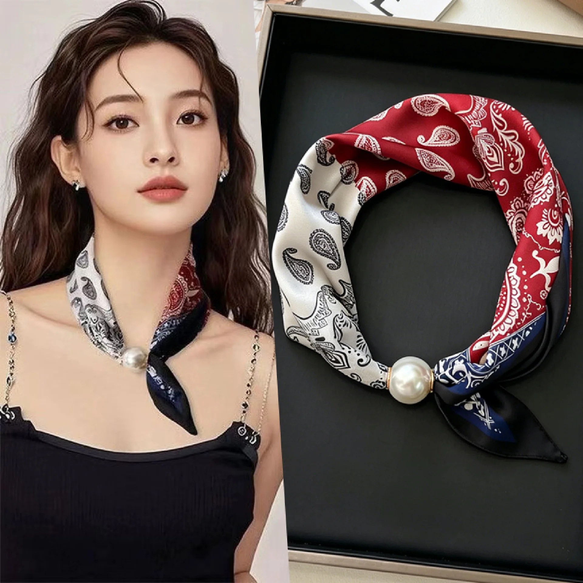 Luxuriöser dünner Sommer-Seidenschal für Damen mit Perlen, magnetischer Schnalle, eleganter Halstuch für Mädchen mit süßem Anhänger und Schlüsselbeinkette – Detail 3