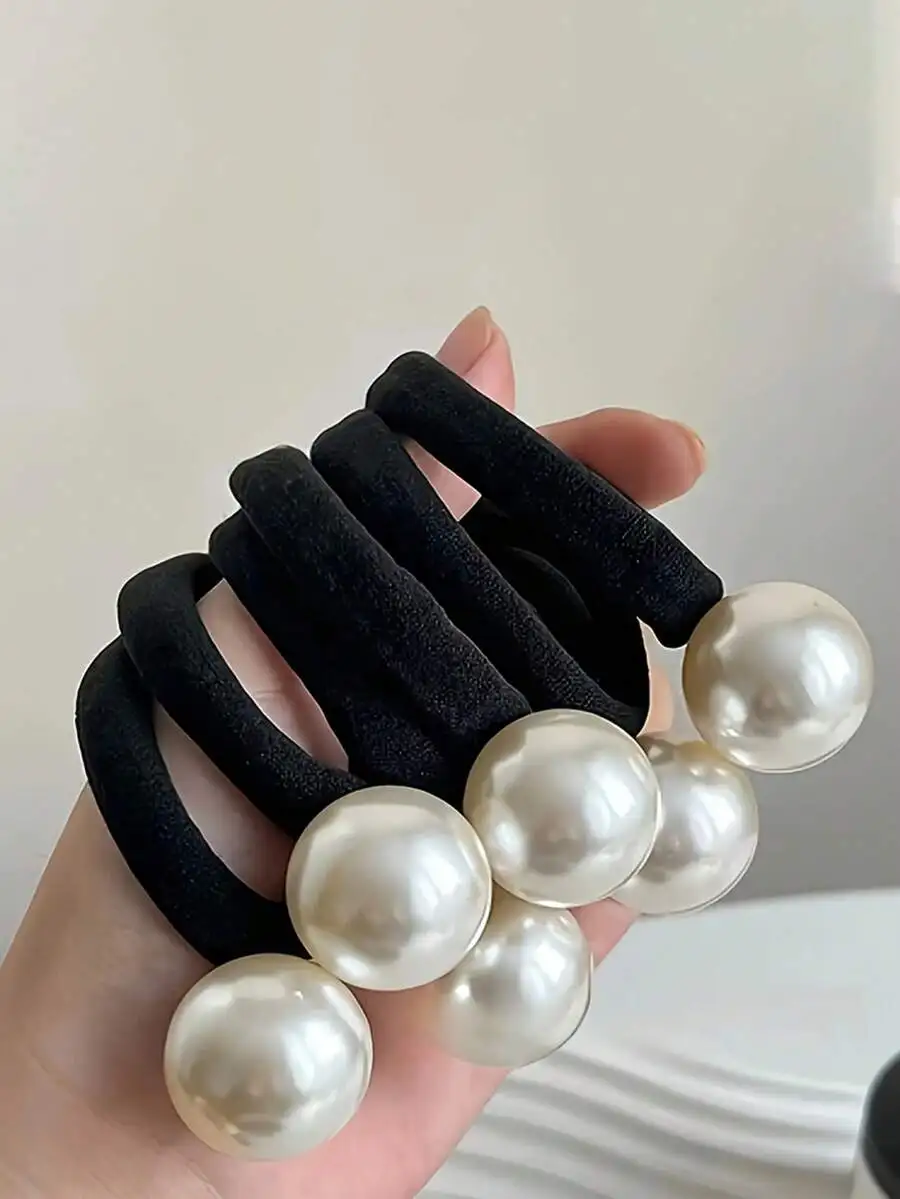 

Black Velvet Hair Elastics With Large Imitation Pearls—Soft, Thick, Non-Damaging Scrunchies For Ponytails, Buns, Daily Use