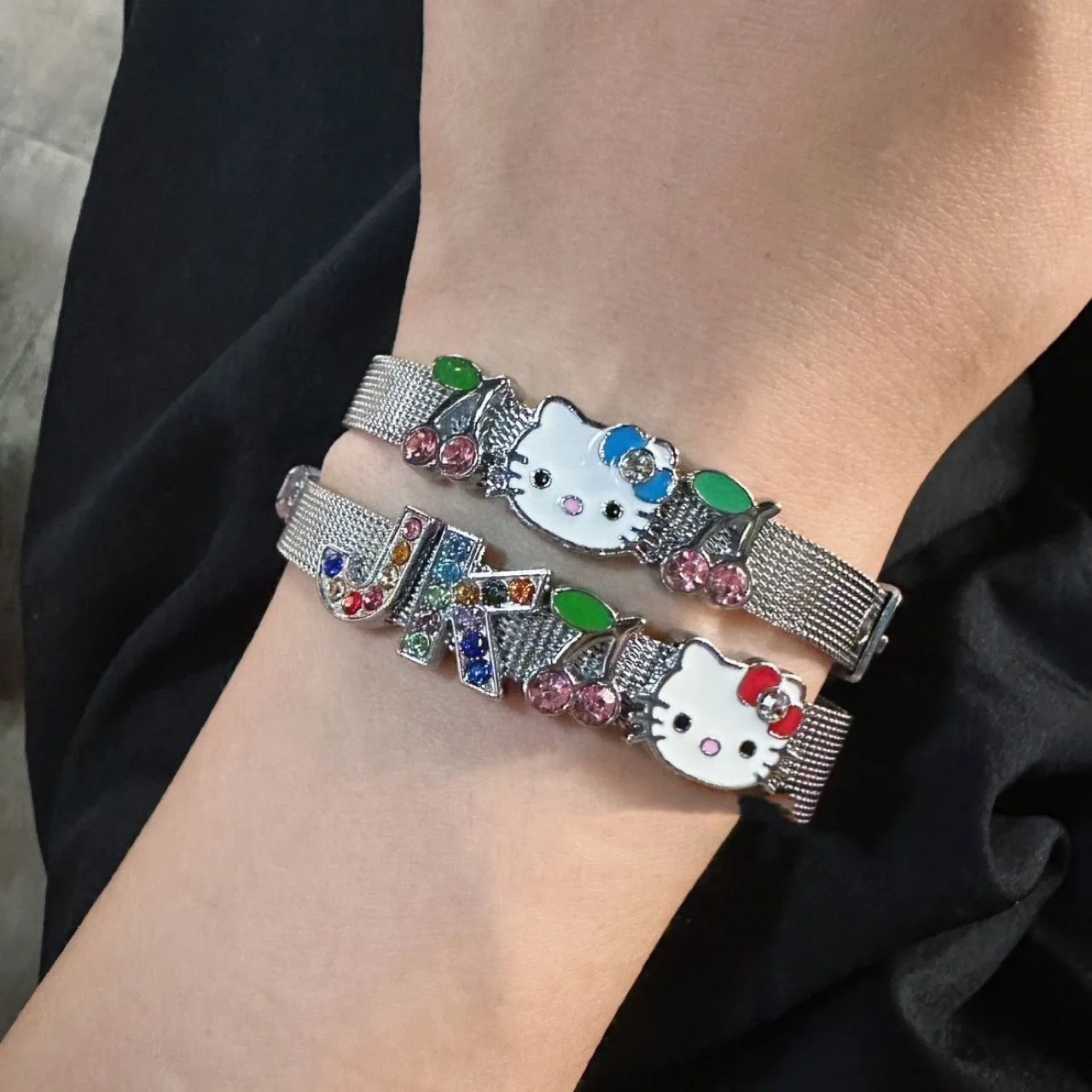 

Hellokittys Love Bracelet Anime Figure Kawaii Y2k Diamond Cherry Stainless Steel Accessories Luxury Jewelry Jk Girl Heart Gift