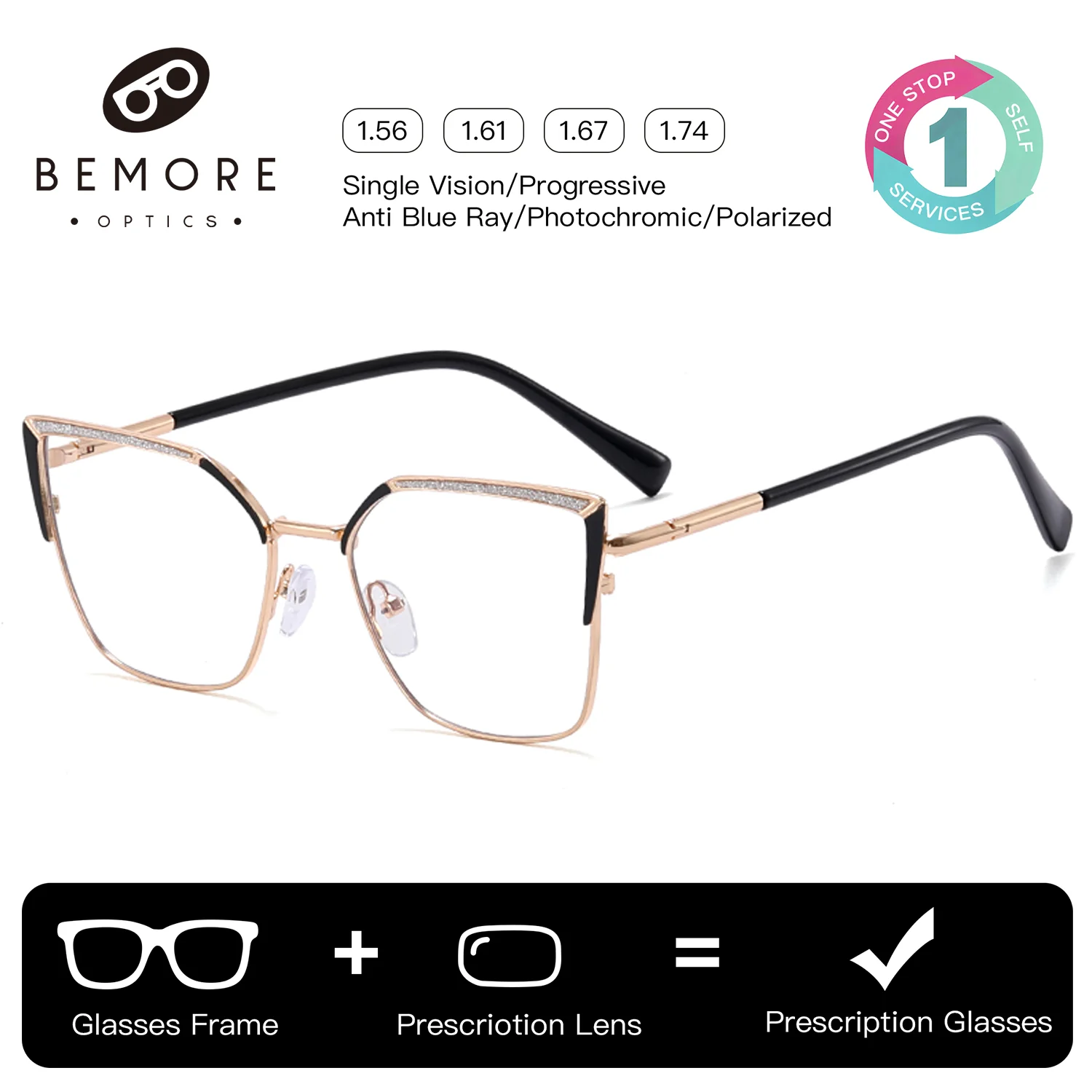 BEMORE Exquisite Prescription Glasses Woman Metal Butterfly Anti-Blue Light Photochromic Astigmatism Optical Eyeglasses