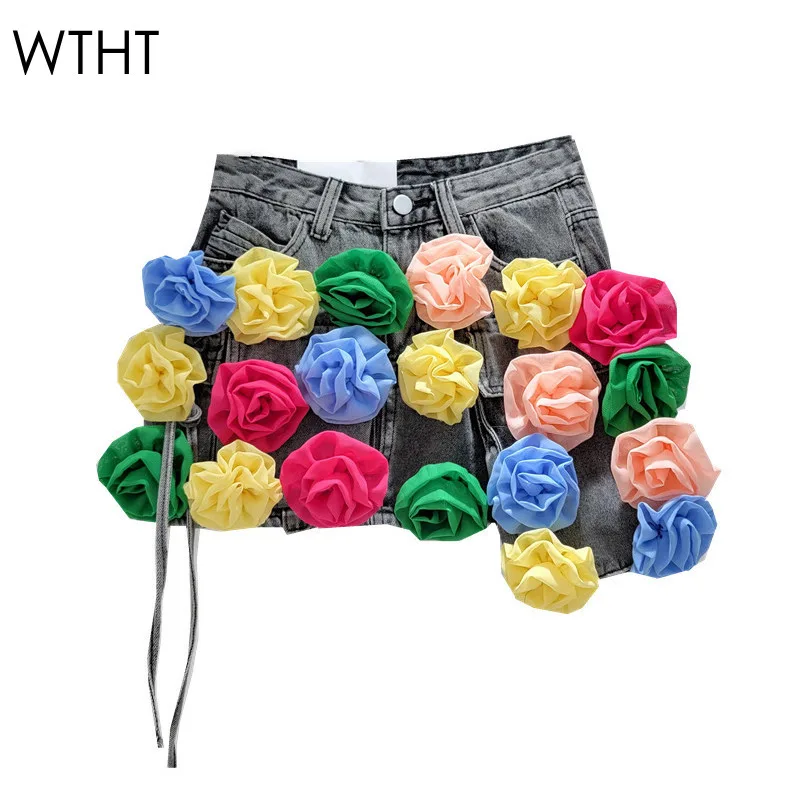 

WTHT Fashion Women's Spliced Colorful Flower Bandage Denim Skirts 2024 Autumn New High Waist Wrap Hip Skirt Female 1LS100