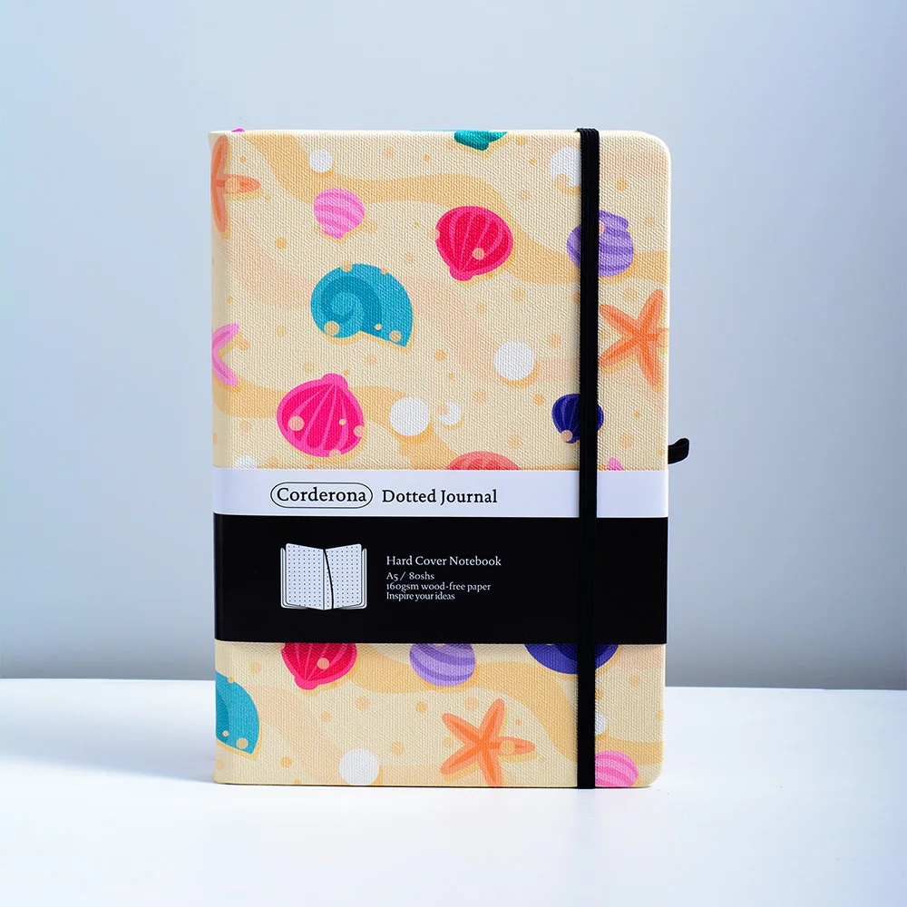 bala de praia pontilhada notebook conchas e estrela do mar 160gsm elastico a5 hardcover journal verao 01