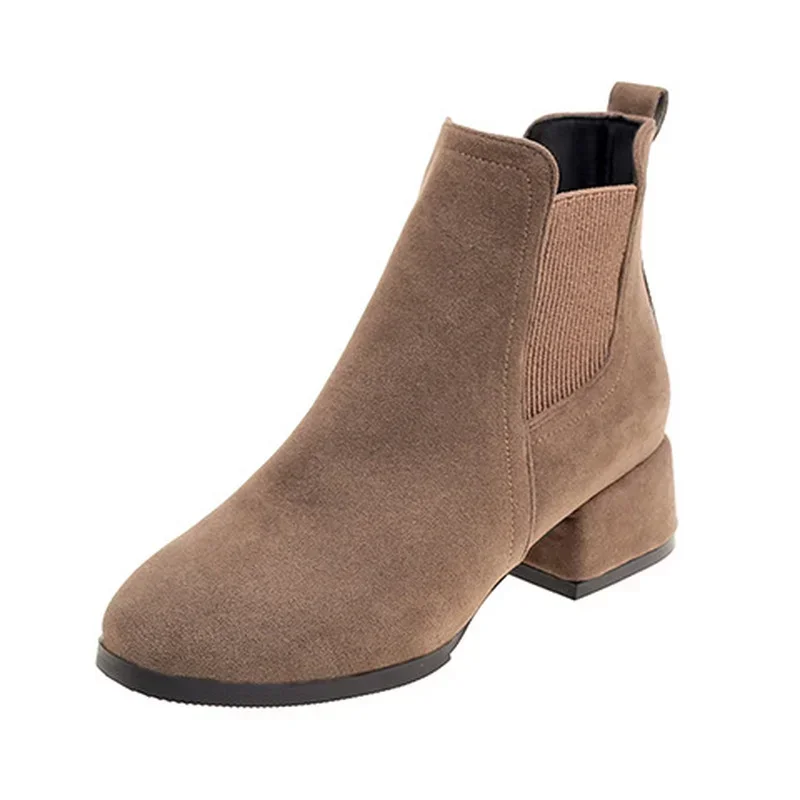 Botas de tornozelo femininas outono inverno botas deslizamento-on dedo do pé redondo 3.5cm salto quadrado sólido casual preto camelo botas tamanho 35-43