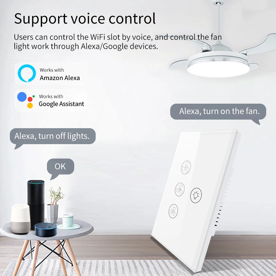 Tuya WiFi Ceiling Fan Light Smart Switch Touch Interruptor Alexa Echo Smart Life App/Voice Control Various Speed Regulation