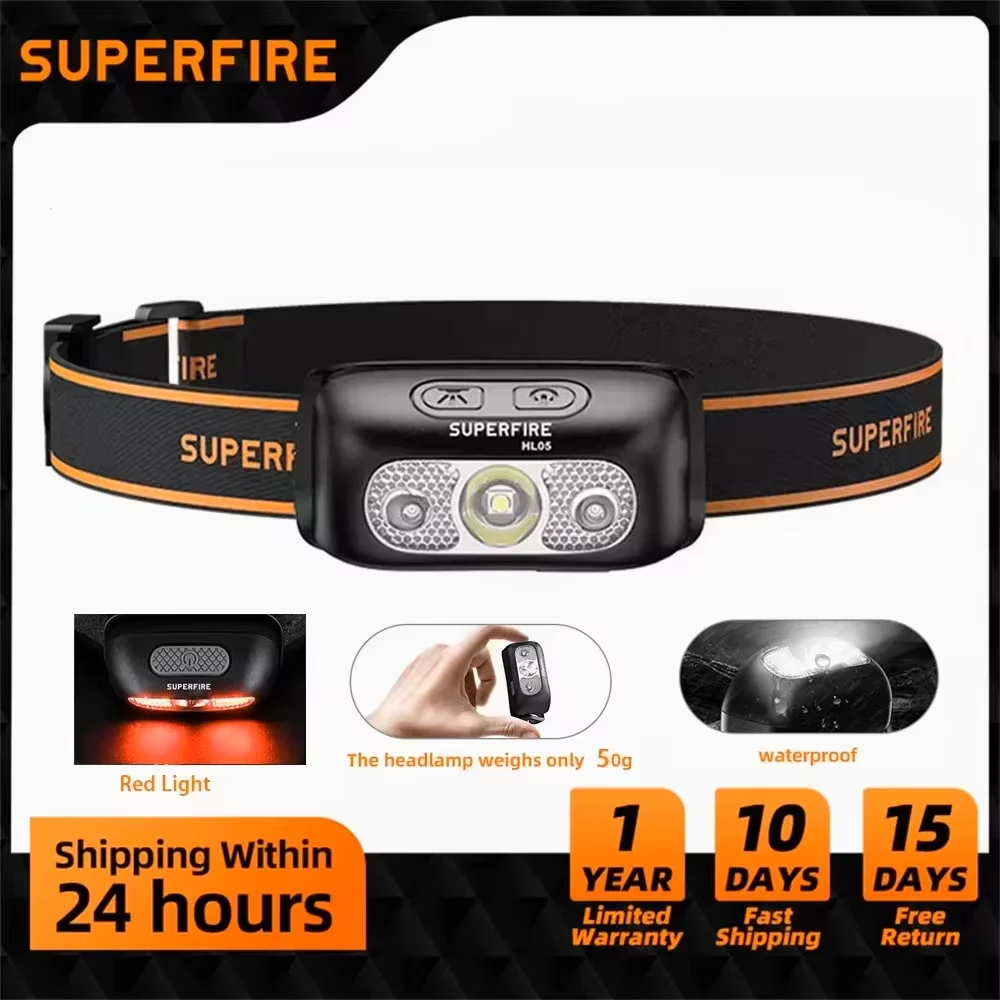 SUPERFIRE Mini ไฟหน้าแบบชาร์จไฟได้ USB ไฟหน้ากําลังสูง LED โคมไฟหัวกันน้ํา Sensor ไฟฉายทํางานด้านหน้า