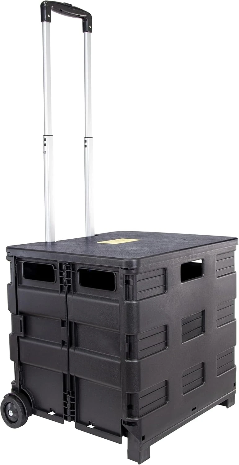 Black Heavy Plastic Collapsible Rolling Crate Cart Max 80LBS Load With Detachable Lid Which Can Be Used As Temporary Seat For Teacher Office Supply Storage