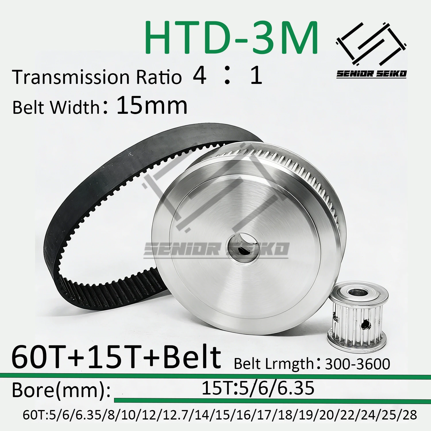 HTD3M 60Teeth 15T 15Teeth 60T Timing Pulley Belt Set Belt Width 15mm Bore 5~28mm Reduction 4:1 3M Pulley Kit Synchronous Wheel