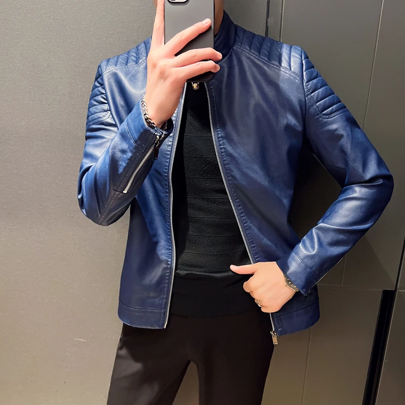 

Stand Collar Autumn Winter Streetwear Faux Leather Jackets Men Warm Male Casual Cardigan Outerwear Fashion Solid Motorcycle Coat