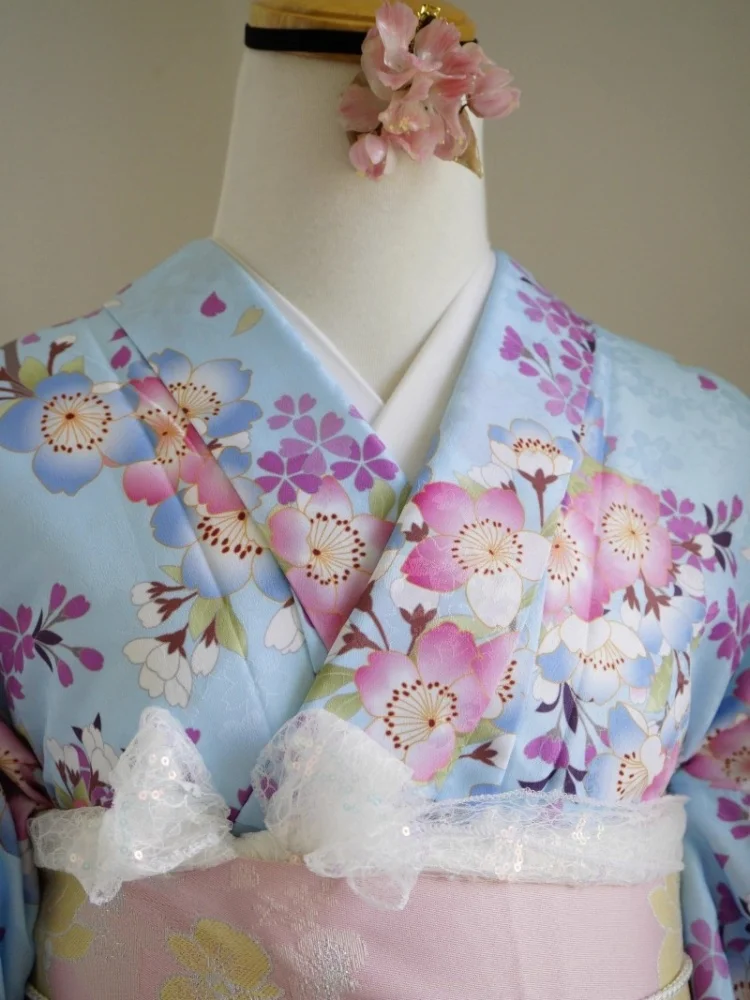 Japan Style Women's Traditional Komon Kimono Double Layer Fabric Floral Prints Yukata Vintage Photography Dress Cosplay Wear