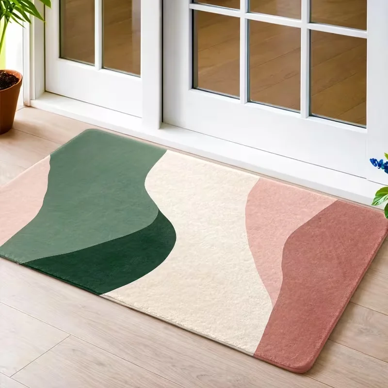 Morandi Earth Tone Abstract Wave Geometric Door Mat Non Slip Entrance Doormat Neutral Curved Color Block Minimalist Pattern Rug