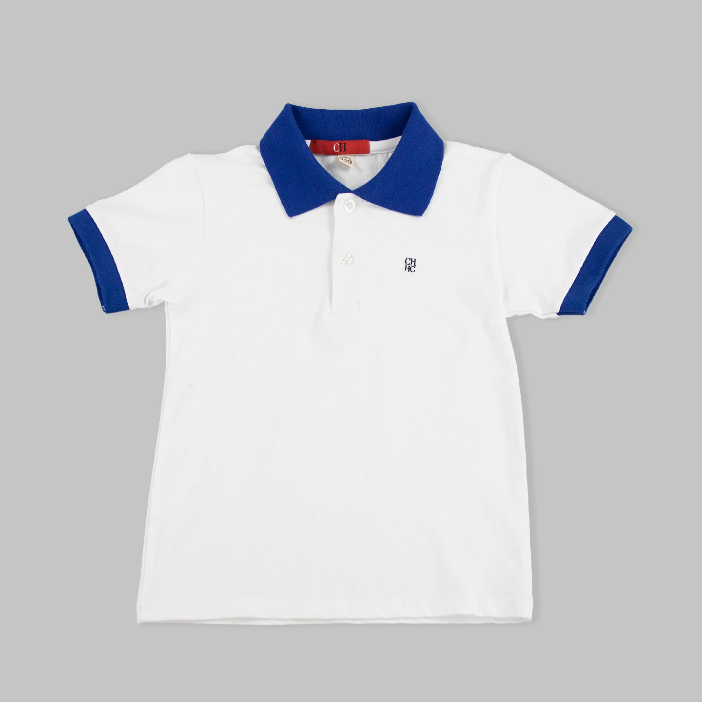 CH Kids White Polo Short Sleeve Top Royal Blue Lapel Cuffs Embroidered Logo Breathable Cotton School Uniform Summer Daily Outfit