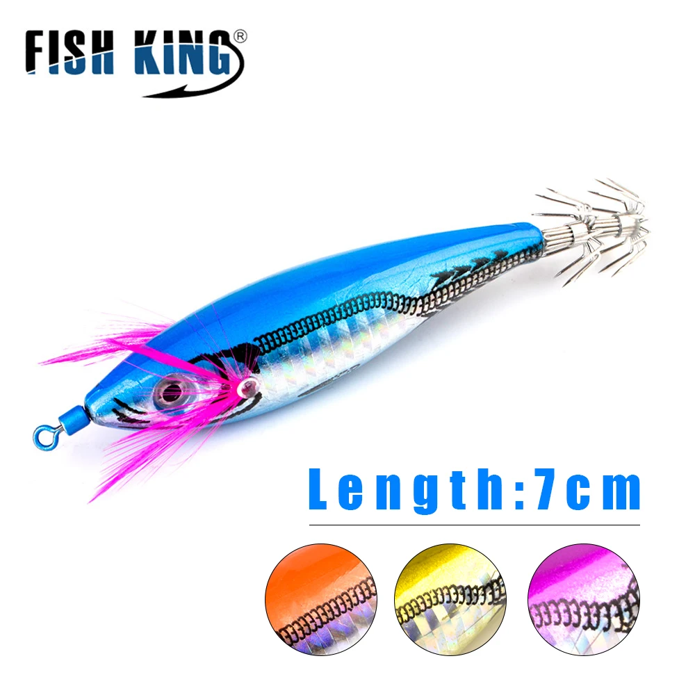 FISH KING Fishing Squid Hook Wood Shrimp Artificial Lure 7cm/11.5g 4colors Glow Jigging Octopus Jig Luminous