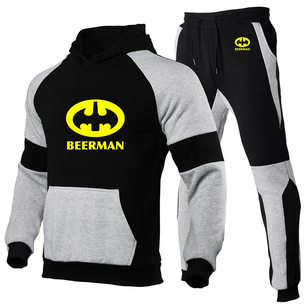 Beer Man Pint 2025 Spring And Autumn New Men's Fashion Patchwork Color Hoodies + Sports Drawstr Long Pants Trendy Suit
