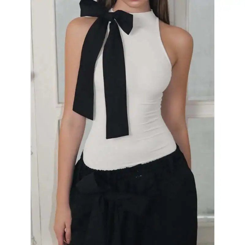

European American Bowknot Sweet cutie sexy girl style solid color versatile Streetwear Summer Elegant gentle High neck jumpsuits