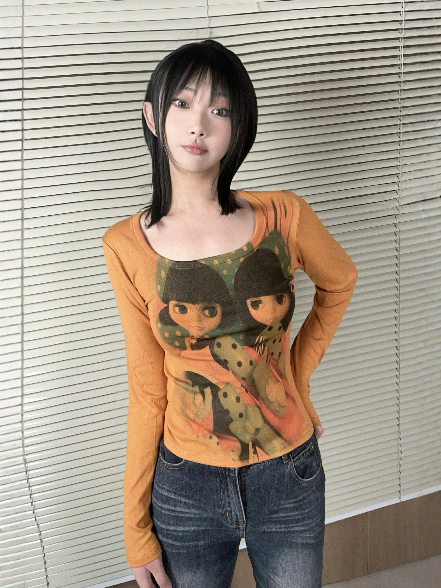 

Оригинальная женская футболка Webbar2026SS Brownie Doll с пэчворком, приталенного кроя, с длинным рукавом, модная, весенняя, с круглым вырезом, повседневный топ