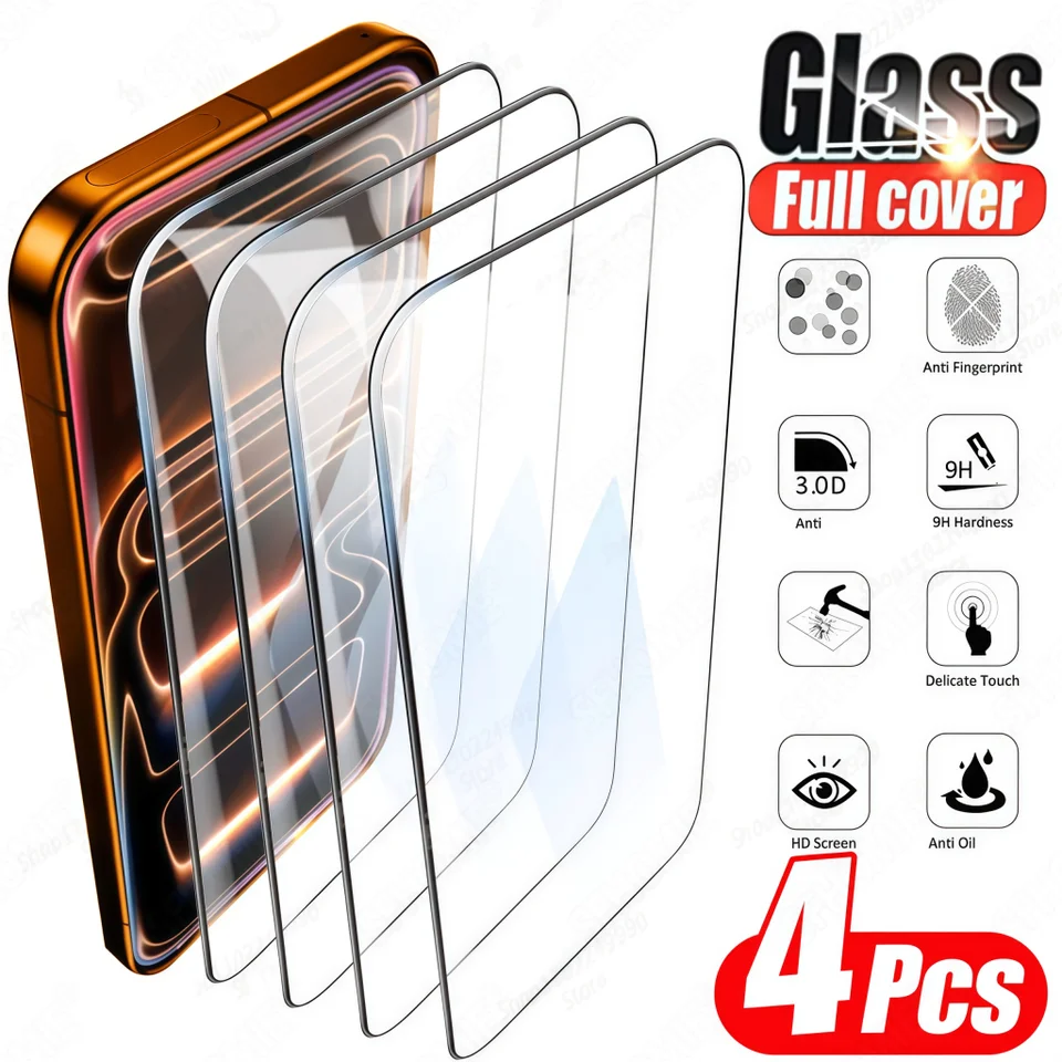 4 piezas protector de pantalla de vidrio templado HD para iPhone 11 12 13 14 15 16 17 Pro Max 14 15 16 Plus 17 Air, película de protección de vidrio