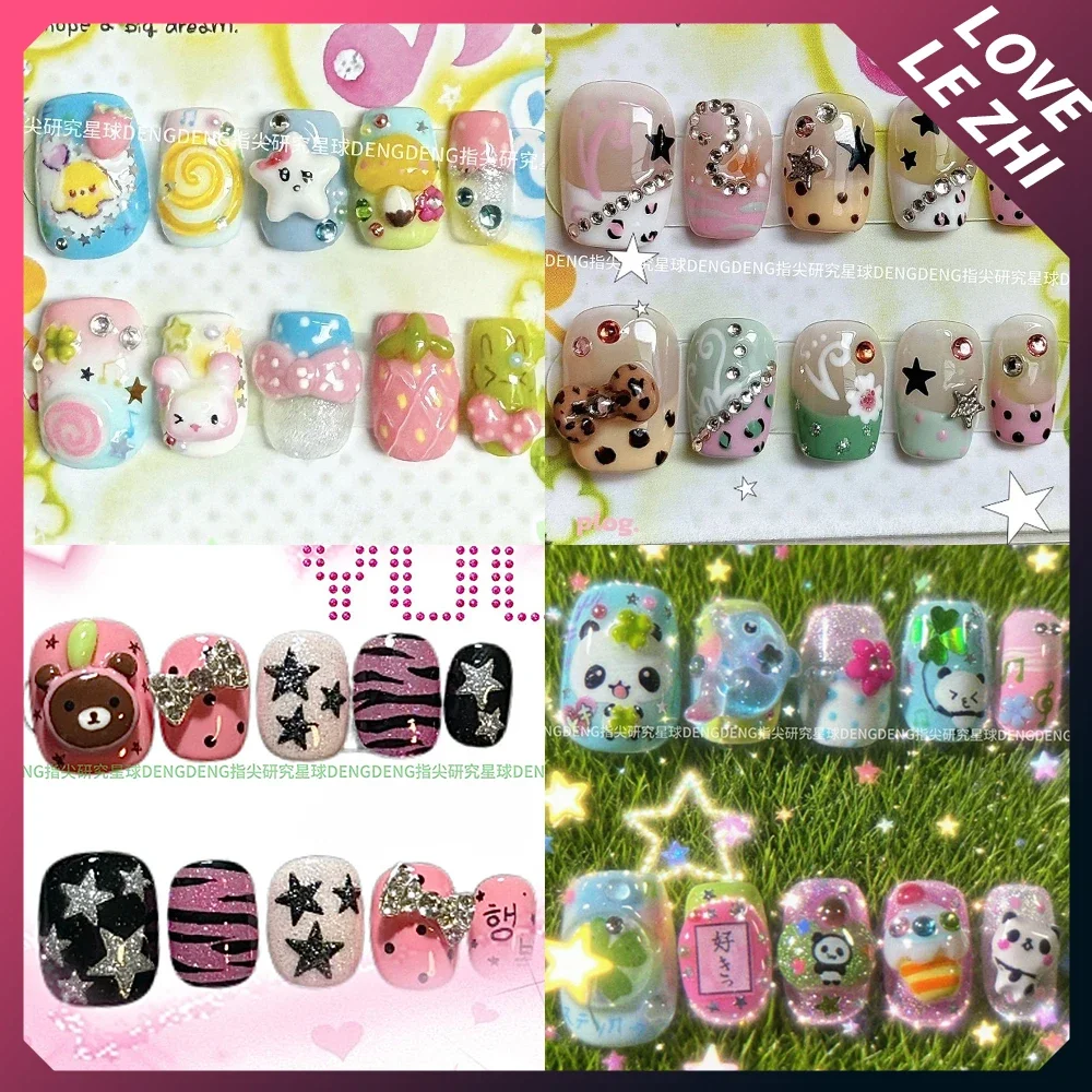 

10Pcs Cartoon Y2K Short Square Round Handmade Press On Nails Cute Cats Dog Rabbits Bowknot Diamond Detachable Nail Party Sticker