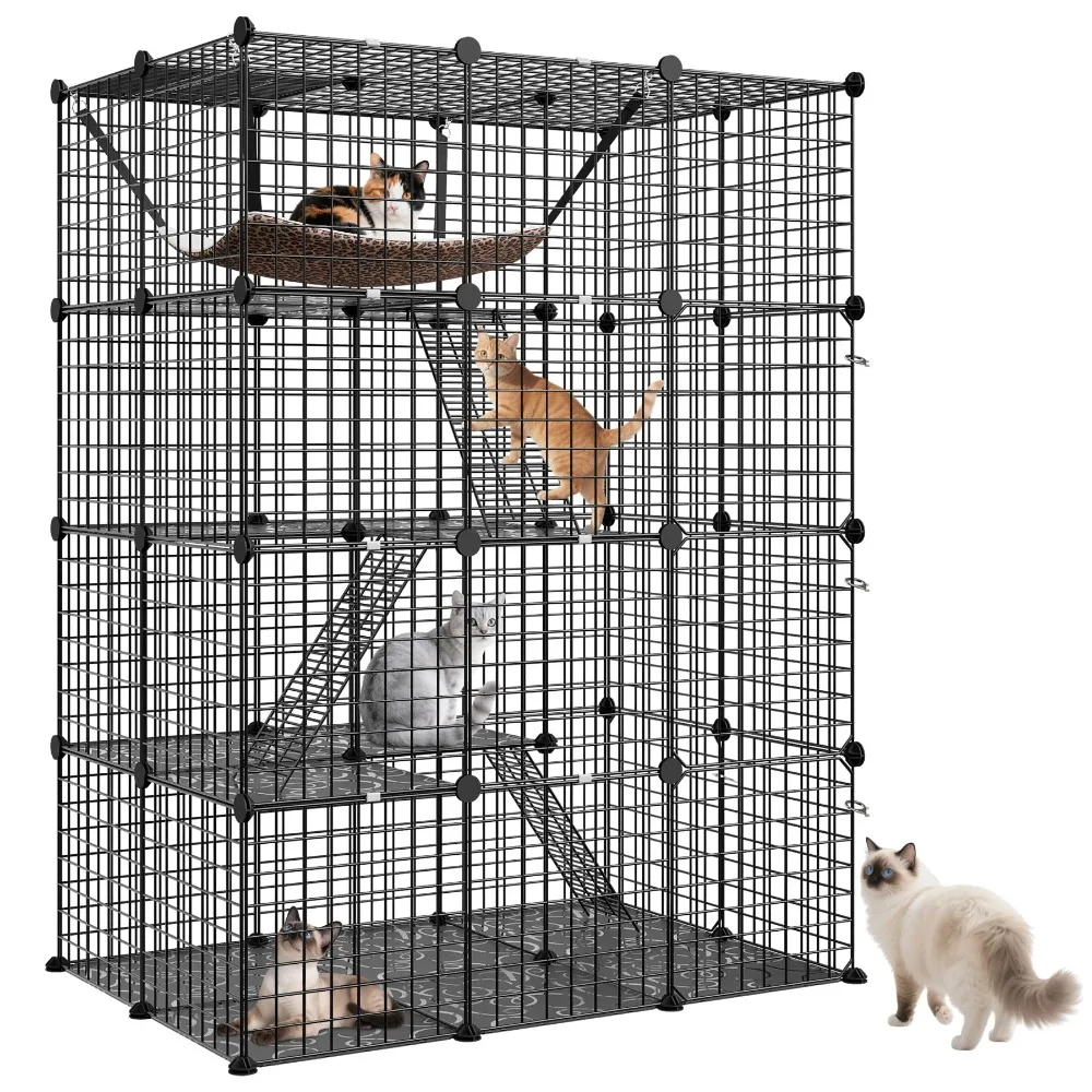 4-Tier Cat Cage Indoor Cat Enclosures DIY Cat Playpen Detachable Metal Wire Kennels with Extra Large Hammock for Cats