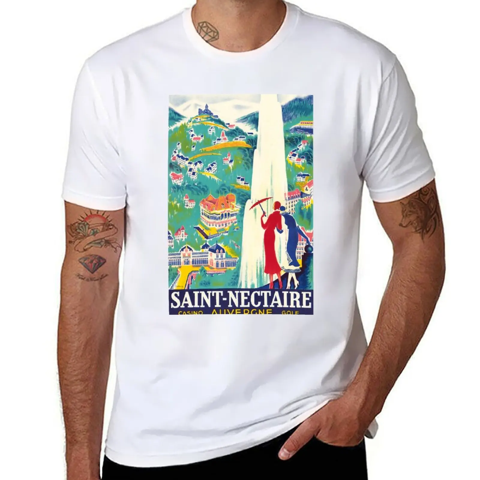 SAINT NECTAIRE Auvergne Station Du Rein FRANKREICH Vintage-Reiseplakat-T-Shirt für Herren, T-Shirt aus Baumwolle, Herren-T-Shirts, Baumwoll-T-Shirt