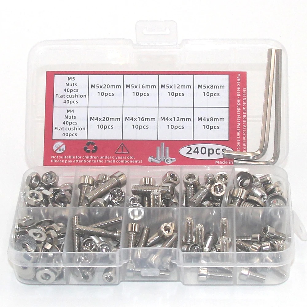 240Pcs M4 M5 Hex Socket Head Cap Screws,304 Stainless Steel Hex Socket Head Cap Screws Bolts Nuts Washers Assortment Kit