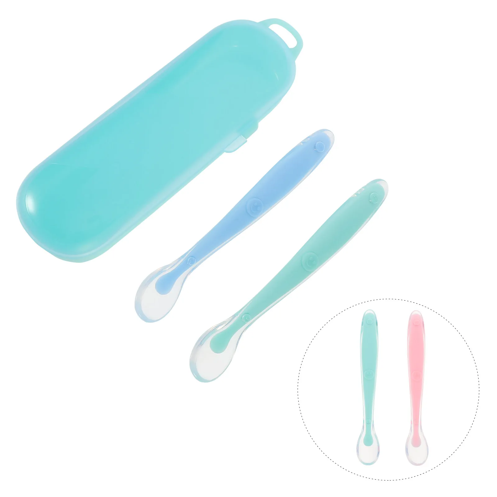 

Набор из 2 силиконовых ложек для малышей с футляром для хранения, для обучения самостоятельному приему пищи, детские приборы для прикорма