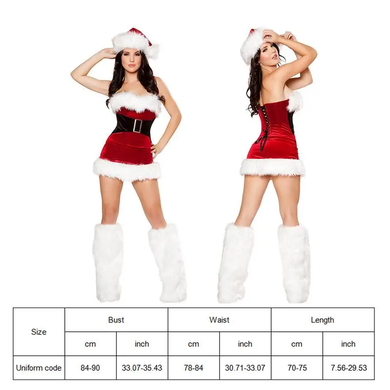 Women Santa Costume Santa Outfit  Women\'s Red Christmas Strap Dress with Hat and Leg Warmers for Christmas Role Play