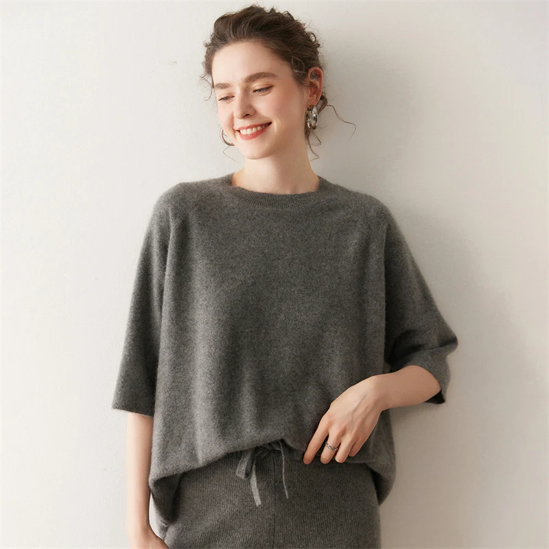 

Women's 100% Cashmere Sweater O-neck T-shirt Pullover Spring Autumn Irregular Hemline Three Quarter Raglan Sleeve Loose Knitwear