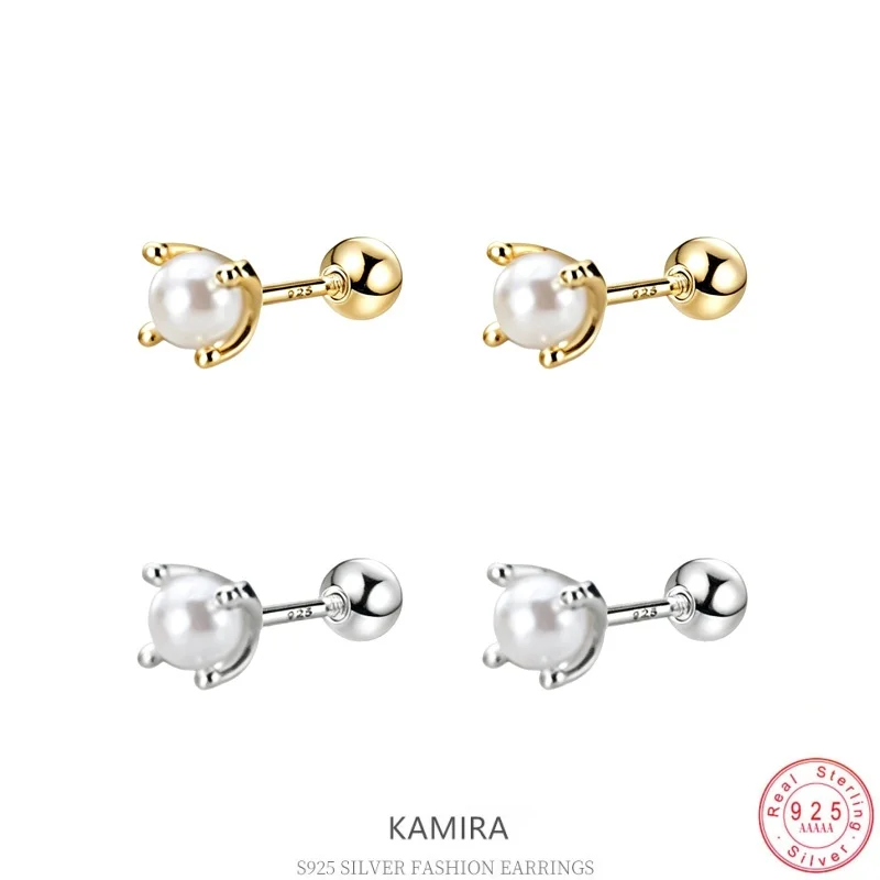 Серьги-гвоздики KAMIRA из стерлингового серебра 925 пробы с миниатюрными жемчужинами, на винтовой застежке, круглые, белые, изящные, минималистичные украшения для женщин и девушек
