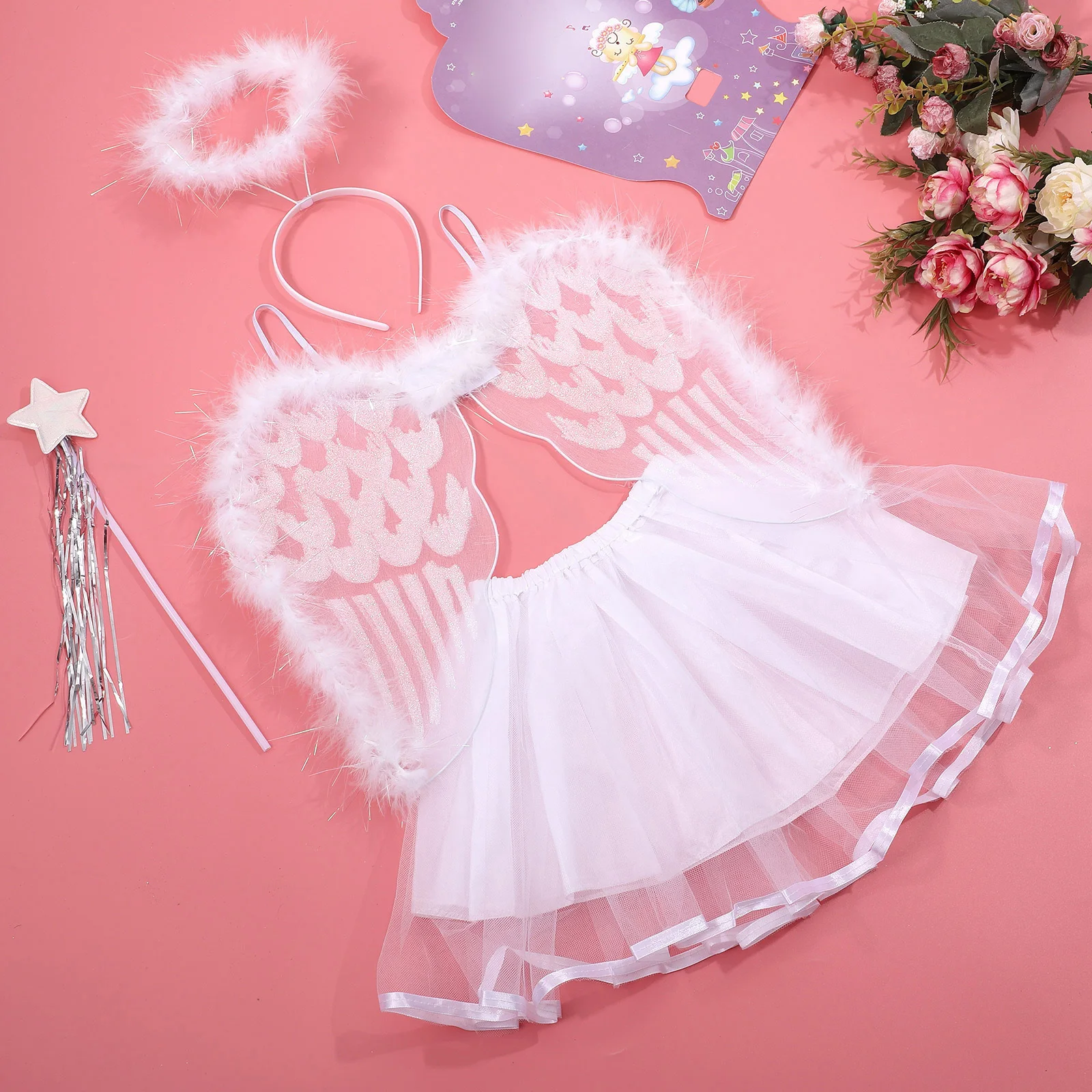 4Pcs Angel Fairy Costume Set Wings Headband Wand Tutu Skirt Perfect for Girls Cosplay Party Birthday Angel Fairy Costume