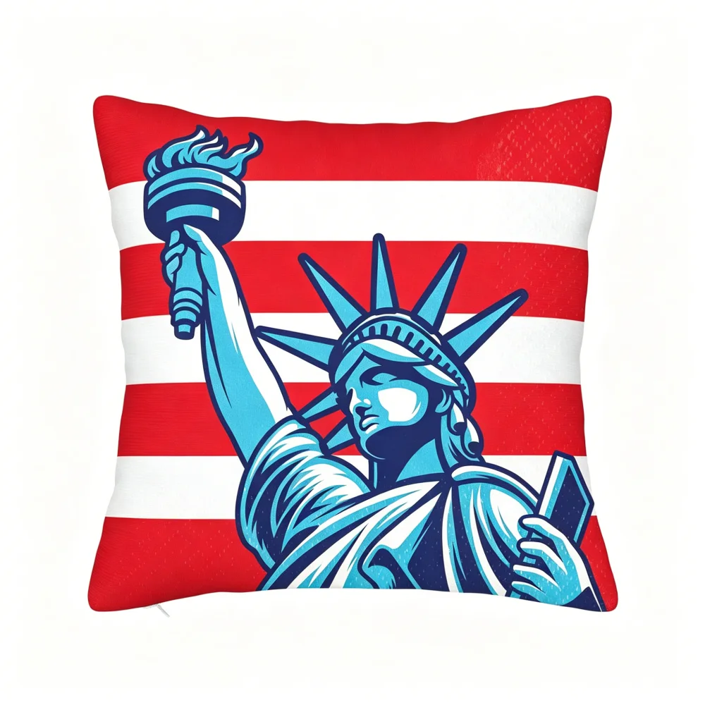 Statue of Liberty USA Flag Pillow Cover Red White Stripes Cushion Case for Patriotic Home Decor