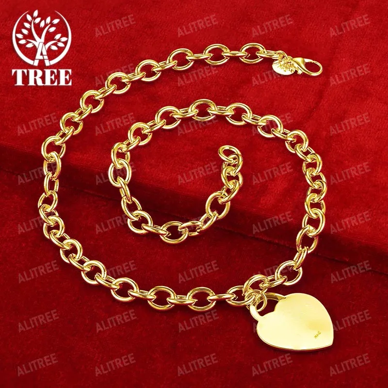 

ALITREE 18K Yellow Gold Heart Lock Pendant Chain Necklaces For Woman Fine Choker Fashion Party Wedding Birthday Jewelry Gift